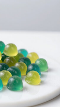 Vibrant green gummies are arranged on a white surface, showcasing their playful colors and shapes. The gummies appear chewy and appealing, with a shallow depth of field emphasizing their details.