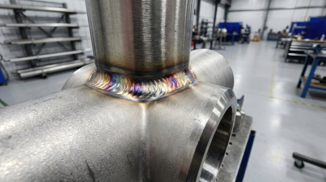 Intricate stainless steel weld joint showcasing vibrant heat colors and precision metal fabrication in an industrial setting