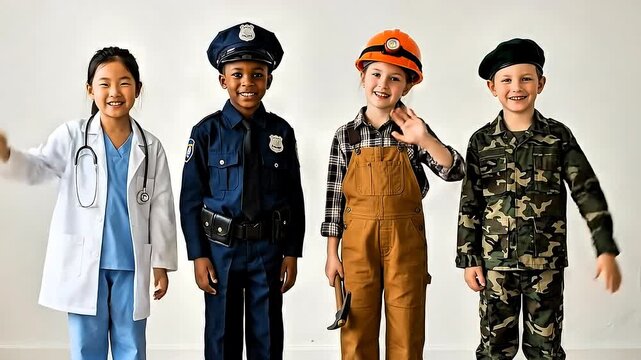 Video: children dressed as doctors, soldiers, police officers, workers, and miners; aspirations; the future; 