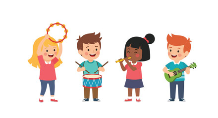 Four diverse children joyfully play various musical instruments including a tambourine, drum, flute, and guitar on a white background.