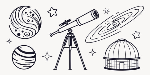 a telescope and planets with a dome observatory Vector © nalu