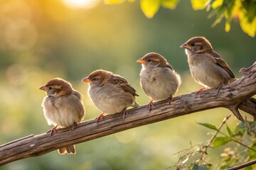 Fototapeta premium Four small sparrows perched closely on a thin branch with soft green foliage background. Warm sunlight creates a peaceful natural wildlife scene showing cute birds together outdoors.
