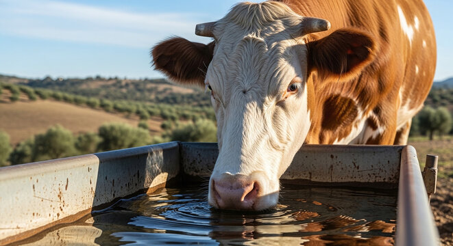 cow drinking from a metal trough in a rural landscape