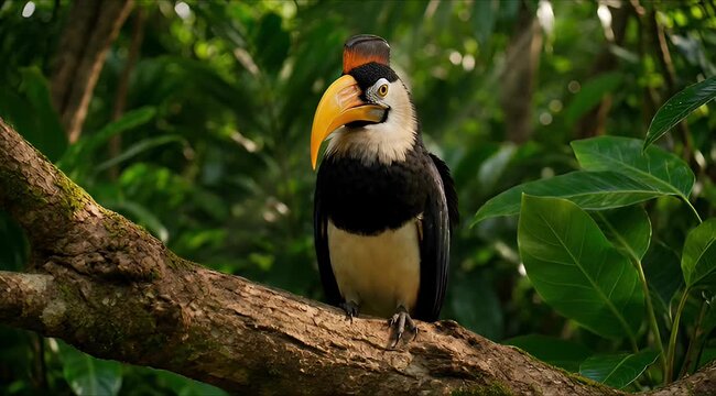 Tropical bird with vibrant yellow beak and black and white plumage, perched on a branch. Lush jungle foliage frames its exotic wild beauty