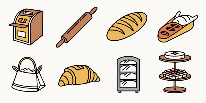 a collection of baking icons including a variety of bread and pastries Vector