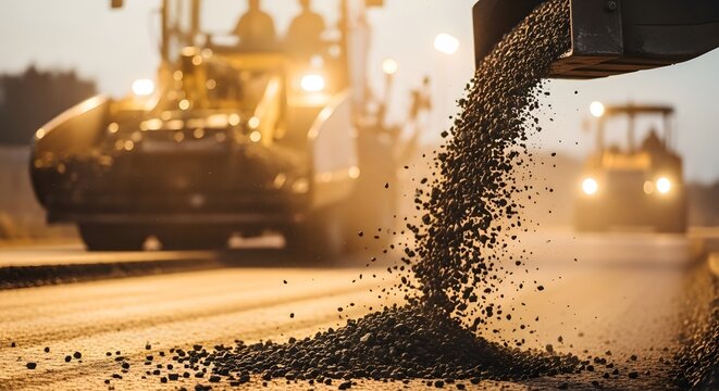 Fresh Asphalt Layering Detailed shot of gravel falling from a shovel onto a city street. Visualizing the process of road su.