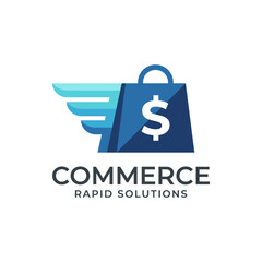 Obraz premium This logo embodies rapid commerce with a shopping bag integrated with wings, symbolizing speed, efficiency, and an innovative approach to online shopping and delivery.