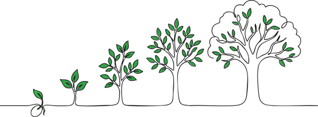 Naklejka premium Life cycle of a tree from seed to big plant, continuous one line drawing showing stages of growth and development, nature evolution and environment sustainability concept art