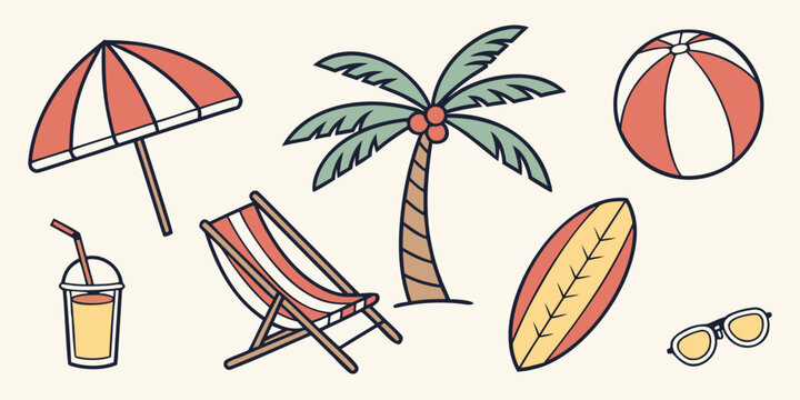 a collection of beach vacation items Vector