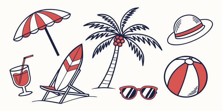 a collection of beach vacation items Vector