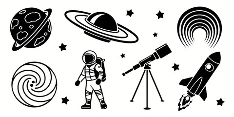 astronaut exploring the solar system with space objects Vector © nalu