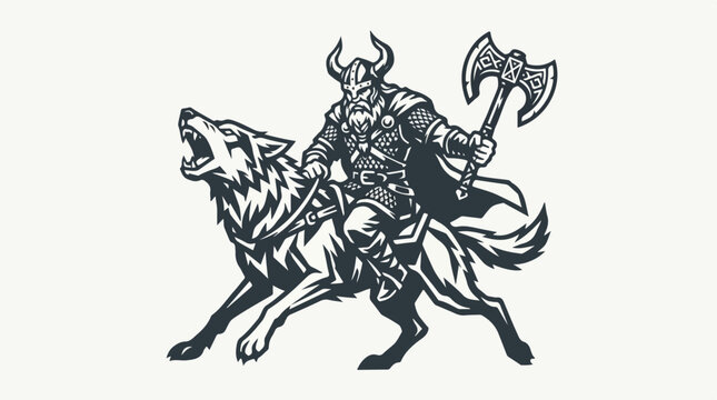 Viking Warrior Riding Wolf with Axe Illustration.