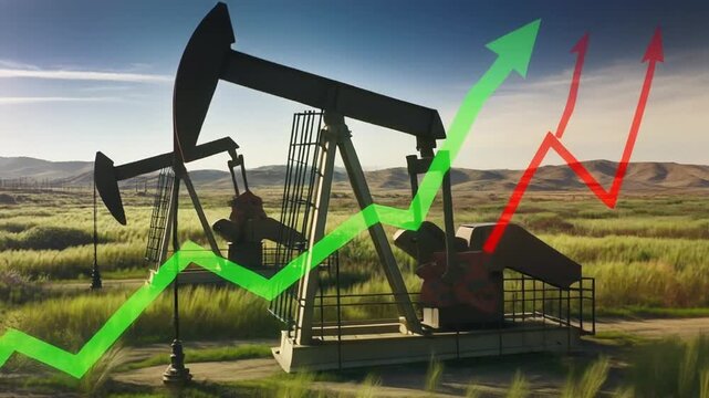 Oil pump jack in a field with green and red stock market trend lines rising in the background
