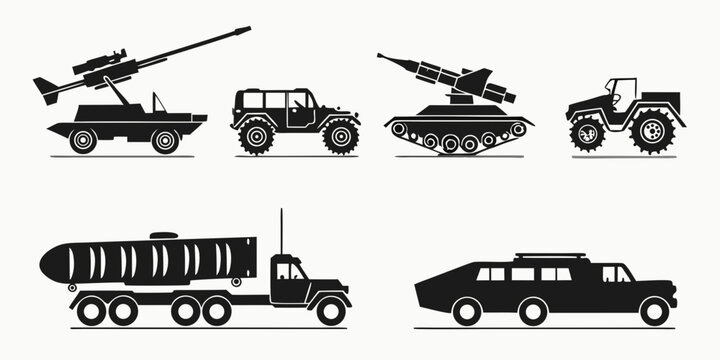 collection of military vehicles and transport trucks Vector