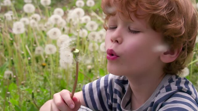 Boy Surrounded by Dandelions. Funny curly boy sitting on a glade of dandelions and blows one of them. Slow Motio