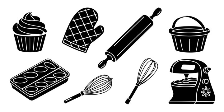 a collection of baking tools and desserts Vector