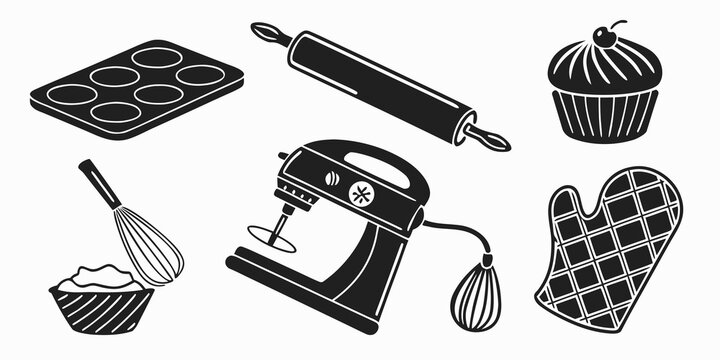 black and white illustration of baking tools Vector