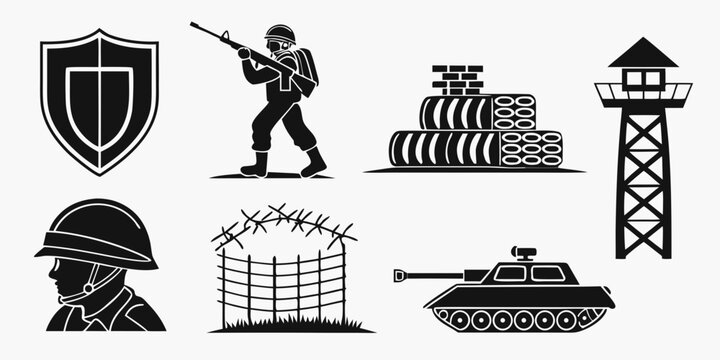 military icons including soldier tank and shield Vector