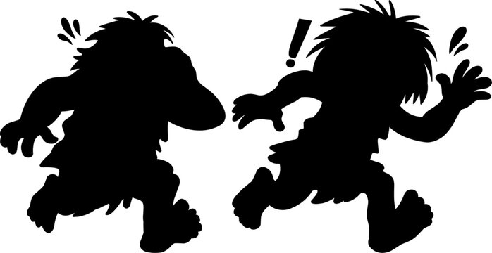 Caveman silhouette set in panicked and running poses.for historical education, stone age humor, or primitive-themed graphic design projects.