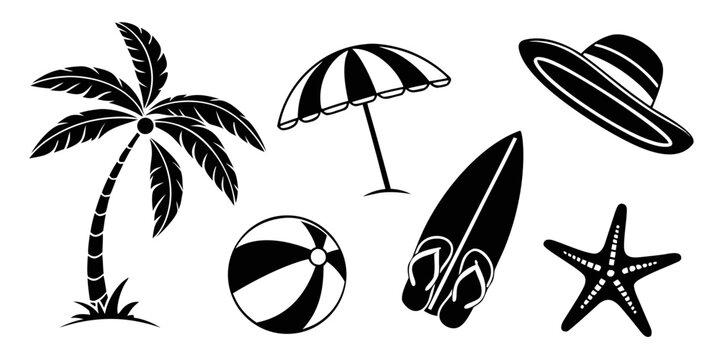 a collection of beach icons including palm tree and surfboard Vector