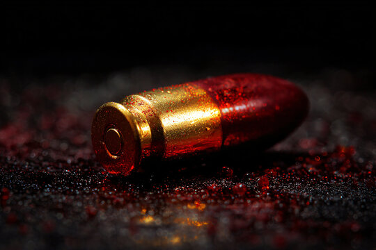 A close-up shot of a bullet covered in red liquid, creating a striking and dramatic effect.