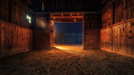 Fototapeta premium Empty Wooden Barn Interior with Open Doors and Dramatic Lighting