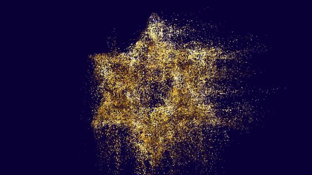 Brilliant 3D gold Star of David symbol integrating from sparkling luminous particles against deep dramatic backdrop, expressing Jewish faith, heritage, unity, spirituality, and sacred identity, video