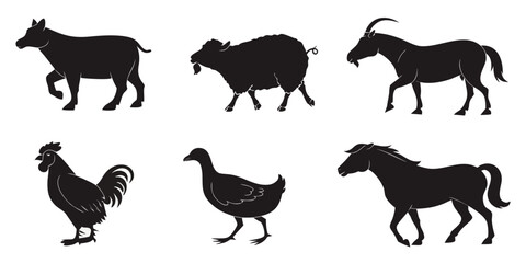 six farm animals in silhouette walking on white Vector © nalu