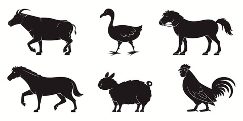 black silhouettes of farm animals and a goose Vector © nalu