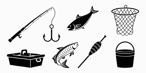 black and white illustration of fishing equipment and fish Vector © nalu