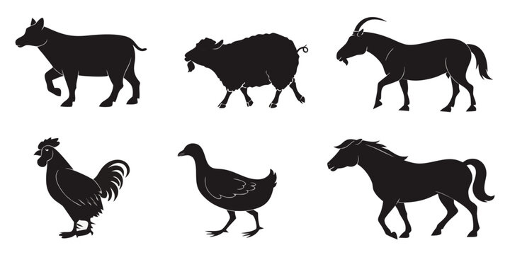 six farm animals in silhouette walking on white Vector