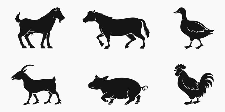 black silhouettes of farm animals Vector
