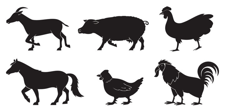 black silhouettes of farm animals Vector