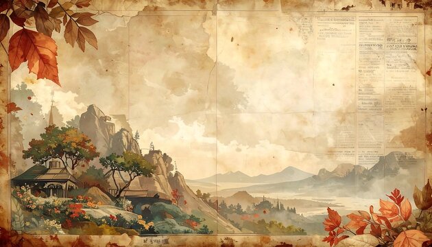 Autumnal scenic background with painted mountains and foliage on aged, crinkled paper