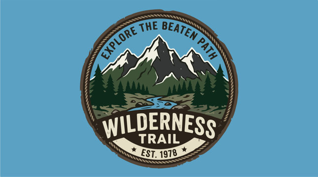 Wilderness Trail Explore The Beaten Path Mountain River Forest Logo.