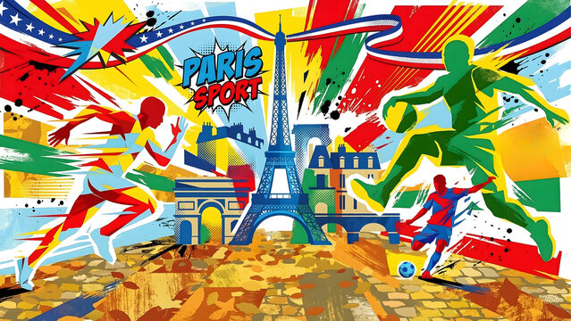 Paris Sport Event Abstract Pop Art Illustration Featuring Eiffel Tower Athletes And French Landmarks