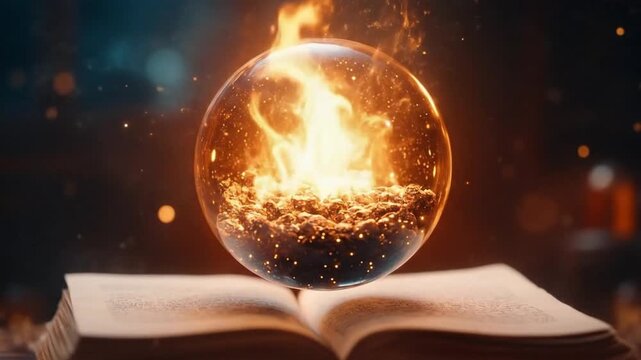 Enchanted book with a glowing fire orb above it