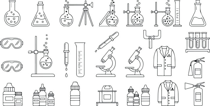 Laboratory science equipment line icons set including flask microscope test tubes lab coat goggles and chemistry research tools vector collection