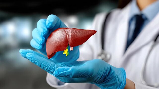 A medical professional in blue gloves carefully holds a human liver model, representing vital liver health and disease, medical research, and comprehensive organ care in a clinical setting