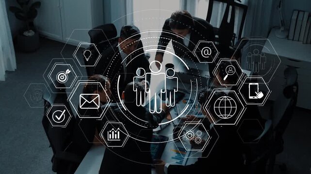 A diverse team engaged in a collaborative business meeting in a modern office, surrounded by digital icons representing communication, strategy, and growth. Raster