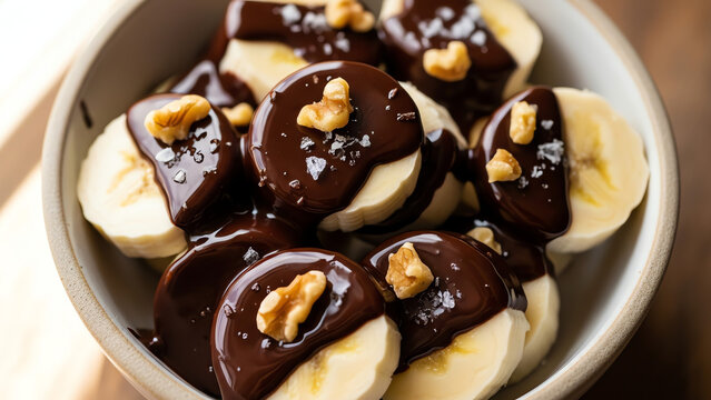 Banana Slices Covered in Rich Melted Chocolate with Walnuts and Sea Salt Flakes