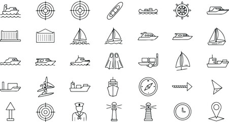 Marine navigation and nautical transport line icons set including ship boat sailboat lighthouse anchor compass vector collection © Nasrin