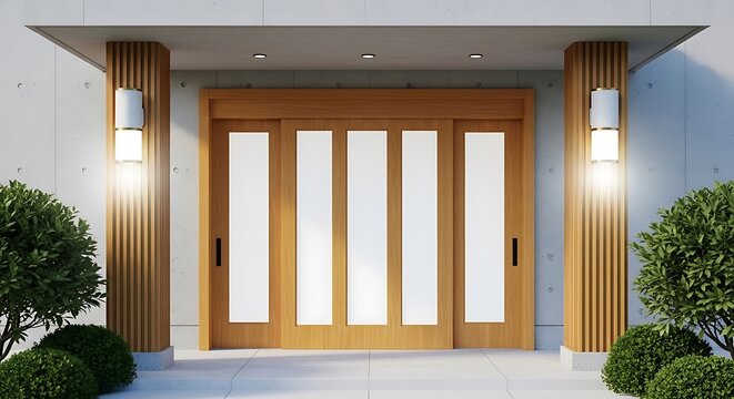A modern house entrance with a wooden door and two wall lamps