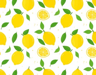 Obraz premium Patterned lemons and leaves. Yellow citrus, green foliage repeated on white. Summery, vibrant, and fresh