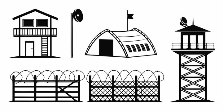 prison camp with guard tower and barbed wire fences Vector
