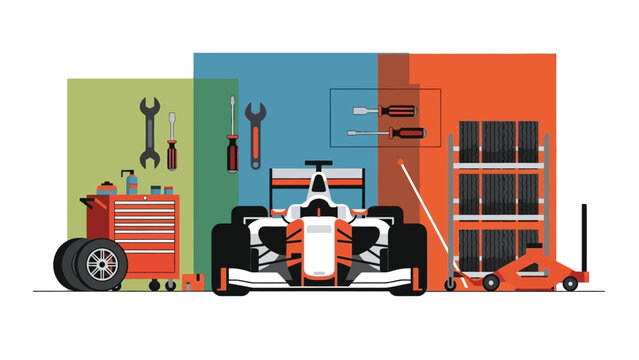 Flat illustration of a race car parked in a garage with tools and equipment on colorful walls.