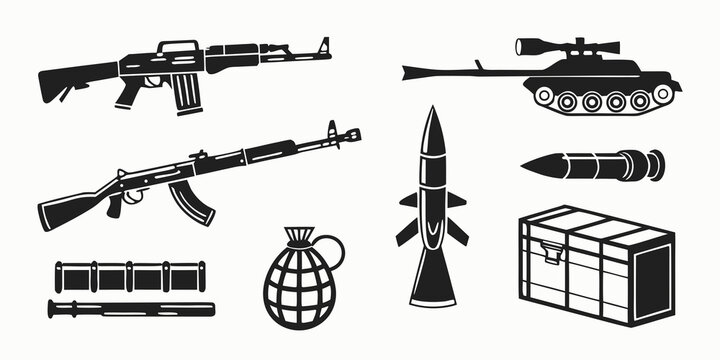 collection of various military weapons and equipment Vector