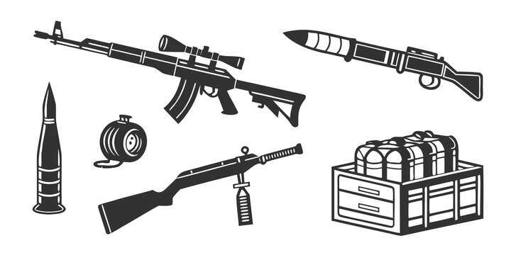 assorted weapons and ammunition on a crate Vector