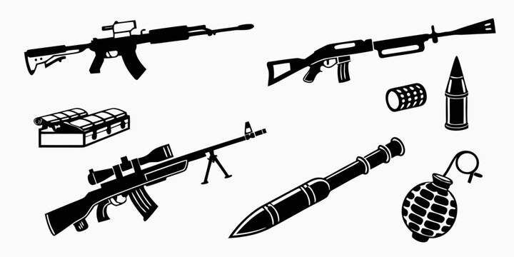 collection of various military weapons and ammunition Vector