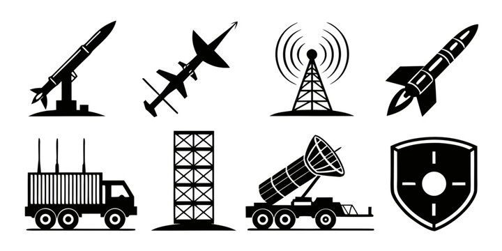 icons of various military weapons and defense systems Vector